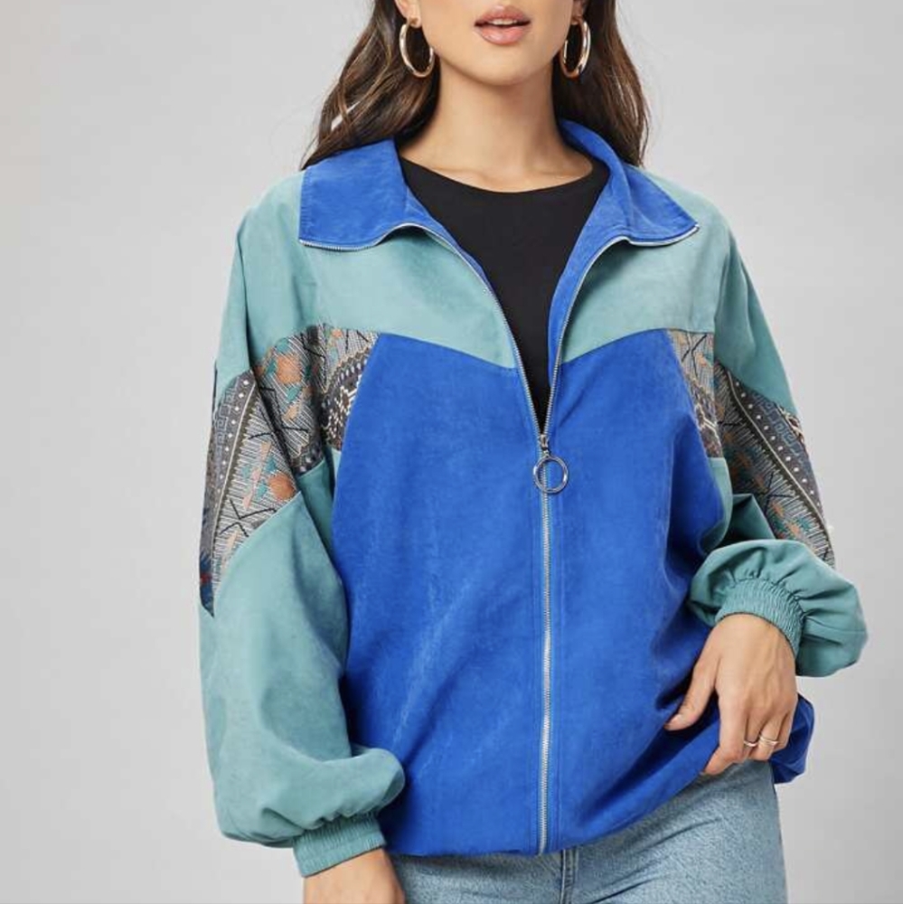 SheIn Geo Chevron Panel Zipper Placket Jacket - Picture 7 of 9